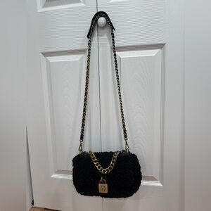 Steve Madden Black Faux-Sherpa Shoulder Bag with Gold Chain